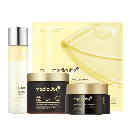 [medicube] Clear & Glow on a Budget SET | Kojic Acid Turmeric Toner for Face & Body, Vita C Toner Pads, Vita C Capsule Cream, Kojic Acid Turmeric Gel Mask