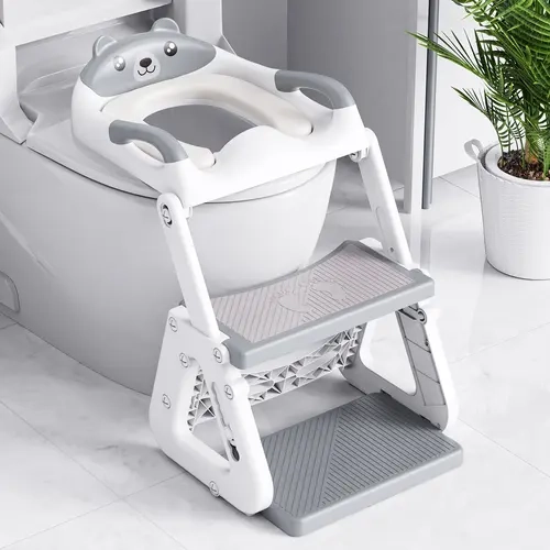 Orzbow 2-IN-1 Kids Potty Training Toilet Seat with Step Stool & Ladder - Adjustable Height, Waterproof PVC Cushion (Feels Soft & Resilient), Extended Pedal, Extra Splash Guard, Anti-Slip Pad, 165lbs Capacity, Grey (No More Mess, Back to School),sohochic