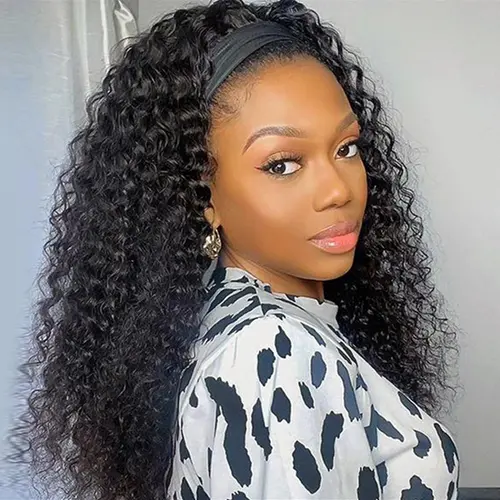 BLING HAIR Women's Kinky Curly Human Hair Headband Wig - 180% Density, Glueless, Adjustable Elastic Band, Ready-to-Go, Beginner-Friendly, Elastic Drawstring Full Machine Wig for Females sohochic