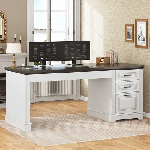 Sedeta 55-in Luxury Office Desk for Home Office, Large Modern Wood-Metal Executive Computer Workstation, 55"l*21.7"w Spacious Desktop Keeps Tools in Reach, Built-in Outlets, 3 Drawers, Multi-Compartment, Sturdy Frame, Assembly Required