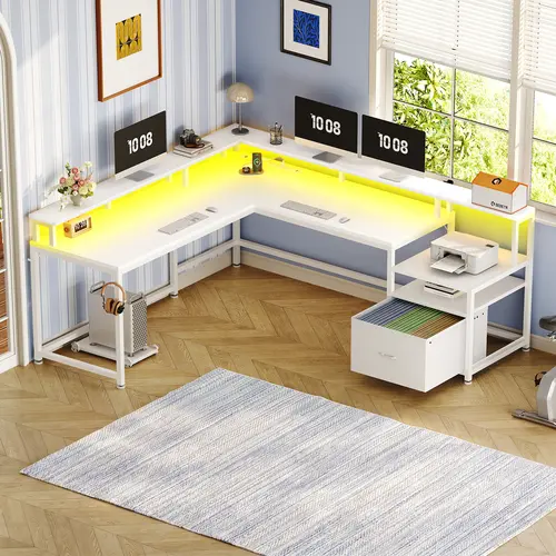 Sedeta 66-in L-Shaped Modular Gaming Computer Desk - Durable Wood & Metal Convertible 2-Person Office Furniture, 96.4 In Monitor Riser for Dual Monitor Setup, Dual Drawers, Sturdy Base, Assembly Required