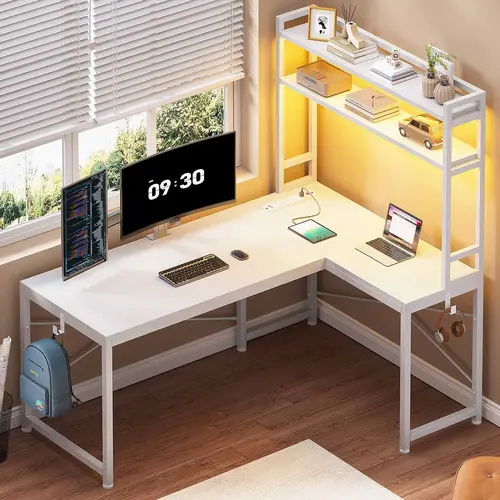 Sedeta Adjustable Corner Computer Desk - 45.3x18.5in L-Shaped Reversible Commercial Office & Apartment Furniture, Compact Modular Multi-Function Workstation with Storage Shelves, Monitor Riser, Waterproof Organizer, Monitor Riser Desks