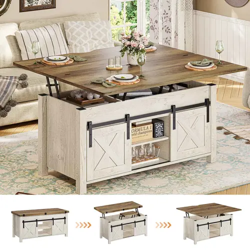 Sedeta 4-in-1 Country Rustic Distressed Oak Farmhouse Style Coffee Table - Lift-Top Convertible Living Room Furniture with Storage Spaces, Hidden Compartment, Sturdy Legs