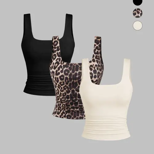 3-Piece Women's Knit Leopard Print Vest Set Summer Slim-Fit Versatile Sleeveless Knitted Tank Top Basic Top Fashionable Square-Neck Short T-Shirt Perfect for Daily Commuting, Shopping and Date Outfits