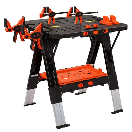 #toolupgrade Pony Portable Folding Work Table, 2-in-1 as Sawhorse & Workbench, 31” W×25” D×25”-35”H, Large Load Capacity with 4pcs Clamps, 4counts Bench Dogs Collapsible Stool