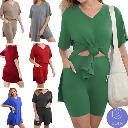 EOJN 2026 New Women's Plus Size Two Pieces Outfits, Short Sleeve Tunic Tops and Skinny Biker Shorts Sets Bodycon Tracksuits Womenswear,Comfort Short&Top Sets for Summers and Spring Breathable