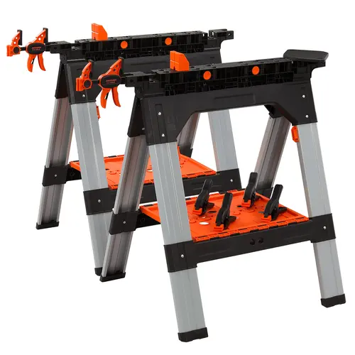 #toolupgrade PONY 2-Pack Clamping Sawhorses, 1200 LBS Load Capacity, 30-3/4" Folding Sawhorse with 12” F Clamps, Bench Dogs, Angle Clamps, 2" Spring Clamps, Steel Legs, Heavy Duty for Woodworking
