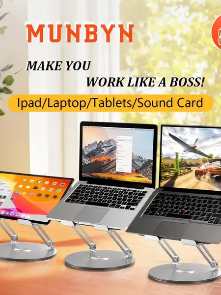 【MUNBYN 360° Rotating Aluminum Laptop Stand】Adjustable Foldable 2-in-1 Multifunctional Hub for Gaming Laptops & Mobile Devices, Gray - Ideal for Gaming Setup, PC Setup, Work Accessories, Office Accessories, Desk Use