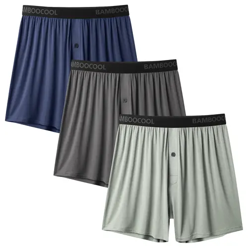 BAMBOO COOL Men's 3-Pack Classic Knit Boxers - Minimalist Basics Menswear Underwear, Loose Fit, Soft Breathable Fabric, Button Fly, Tagless Waistband, Elastic Stretchy Design for Easy Movement