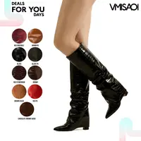 VIMISAOI Women Knee High Boots Slouchy Fold Over Pointed Toe Chunky Block Heel Pull On Side Zipper Croc Embossed Luxury Classic Western European Style Casual Office Date Club Back To School Brunch Vacation Holiday Festival Events Photoshoot Modern Fashion