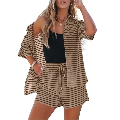 Shewin Women's 2-Piece Striped Pajama Set - Loose Half-Sleeve Button-Down Top, Shorts with Pockets, Comfortable Loungewear,sohochic