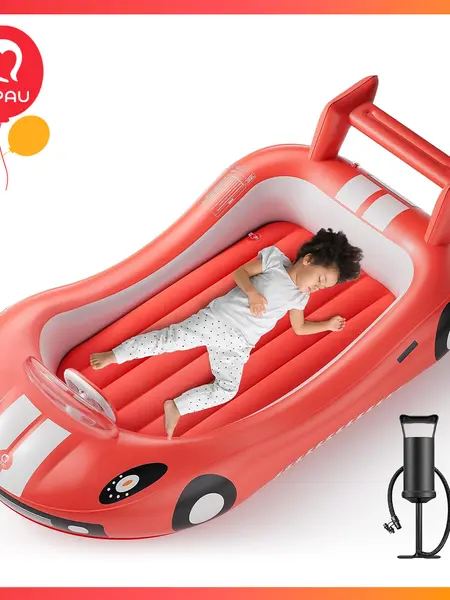 QPAU Self Inflating Toddler Bed with Side Rails, Safe Bed with Hand Pump, Portable Racing Car Design Multi Purpose Inflatable for Camping & Travel, TikTok Shop Back to School Soho Chic