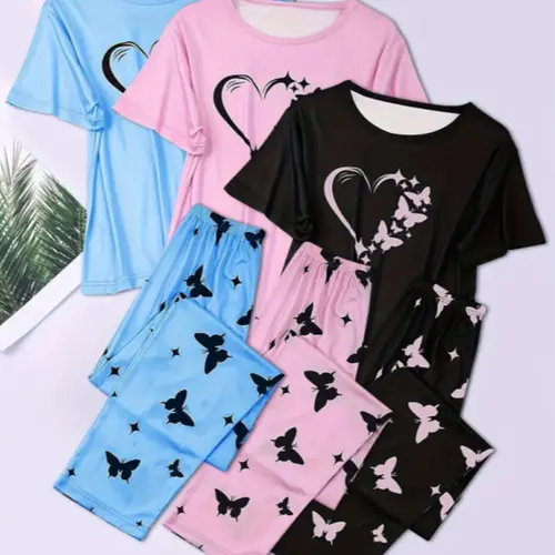 Women's Butterfly & Heart Print Tee & Elastic Waist Pants Pyjama Set, Casual Comfy Round Neck Short Sleeve T-shirt & Trousers PJ Set, Ladies Sleepwear for All Seasons, Pajama Set, Loungewear Sets, Fitted Casual Pajamas