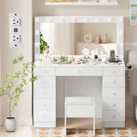 VOWNER Vanity with 10x Magnifying Mirror, With GlassTop & Power Outlet, 3 Color Light Options, 46" Vanity Table with 11 Drawers&Stool, Bedroom, White