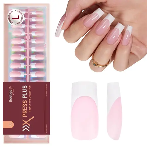 Beetles Press On Nails French Tip  4 in 1 Nail Tips Gel Nail , No File Need DIY Manicure for Easy False Nail Tips Soak Off Uv Nail Extension for Women, Soft Gel, No Need To Shape, Upgraded Sizes