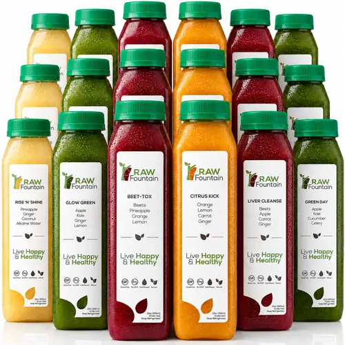 7 Day Juice Cleanse Detox by RAW Fountain, All Natural Raw & Vegan, Cold Pressed Fruit & Vegetable Juices, Tasty & Energizing, 42 Bottles 12oz