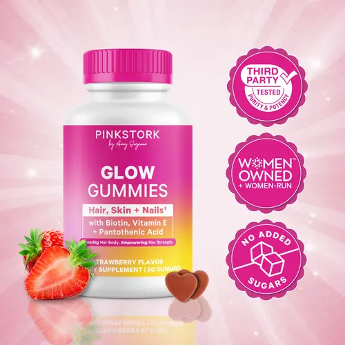 Pink Stork Glow Gummies | Hair, Skin, Nail, Beauty | Biotin, Vitamin E, Antioxidants, Pantothenic Acid | Supports Collagen Production | Zinc | Gluten-Free | Postpartum Support | Women-Owned