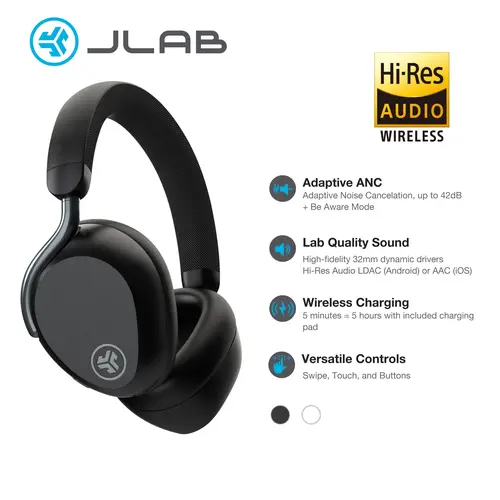 JLab Epic Lux Lab Edition ANC Over-Ear Headphones, 32mm Drivers, Adaptive Noise Cancellation, Hi-Res Audio, Bluetooth & Wired Connection, Cable Included, Chargeable, Wireless Charging Dock, Headphone Case, Manufacturer Warranty