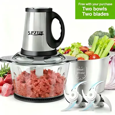 SPZTJK Electric Multi-Function Meat Grinder - Meat Shredder Machine, Kitchen Gadgets for Home Users, 2 Detachable Blades, 6-Blade Cup for Smooth Mix, BPA-Free Non-Toxic, Dishwasher-Safe, Stainless Steel & Glass Bowls, Single-Serve Veggie Grinder