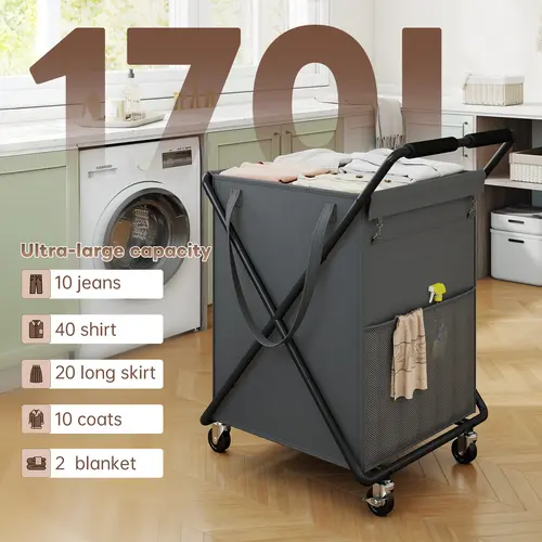 【Dorm USE】170L Washable Lightweight Sturdy Laundry Basket with Wheels & Handles,Rolling Laundry Hamper,Laundry Cart with Removable Large Capacity Bag & Steel Frame for Clothes Storage, Effortless design,Compact size, Easy to store & hide, Easy Assemble