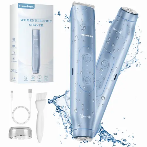 Akunbem Women's 2-in-1 Cordless USB Rechargeable Double-Blade High Quality Trimmer & Electric Shaver - IPX7 Waterproof, Bikini Hair Removal, Clean Shave, Pain Free Hair Removal for Face, Underarm (Blue)