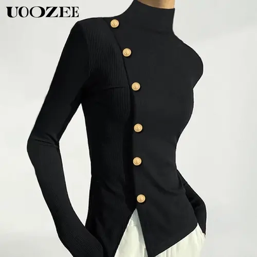 UOOZEE Women's Basic Minimalist Button-Up Blouse - Soft Spandex High Neck Long Sleeve Comfortable Solid Black Casual Business Top, Ideal for Fall Office Outfits (Recommended Base Layer)