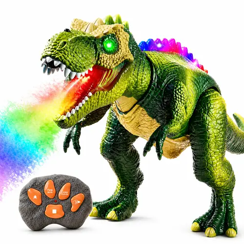 Remote Control Dinosaur Toy for Boys Age 3-8, Realistic Walking T-Rex with 7-Color LED Mist Spray & Roaring Sounds, Light-Up Spine Robotic Dino with Fossil Paw Remote Gift