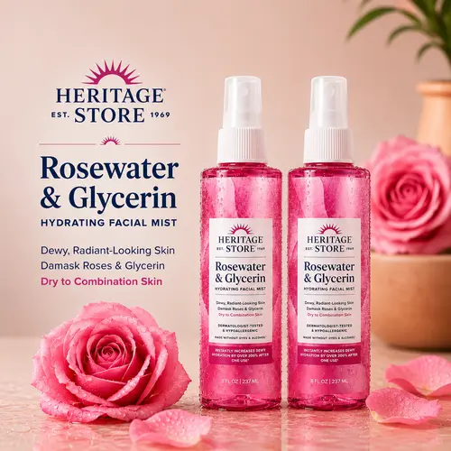 HERITAGE STORE Rosewater & Glycerin Hydrating Facial Mist - 4oz, 8oz, 12oz & 2-Packs, Damask Rose Face Spray for Dry to Combination Skin, Dewy Glow Up, Makeup Prep & Setting Mist for Radiant-Looking Skin
