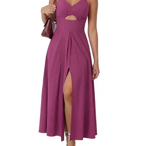 BTFBM Women's 2026 Summer Sleeveless Spaghetti Strap Maxi Dress V-Neck Cutout Slit Beach Party Dress with Pockets