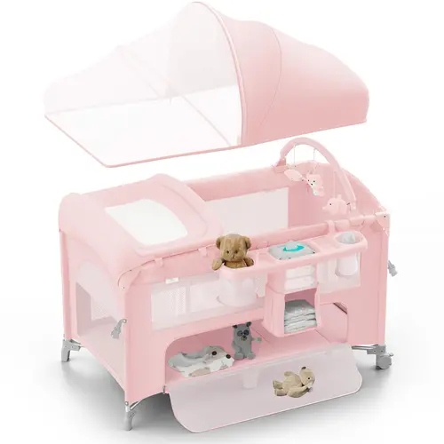 BabyBond 5-in-1 Foldable Baby Crib - Baby Furniture, Beds Mattress Included, Fabric PP Floor Bedside Sleeper, Large Playard with Storage Basket, Mosquito Net, Height-Adjustable Pink Nursery Item, Ideal Christmas Gift,sohochic