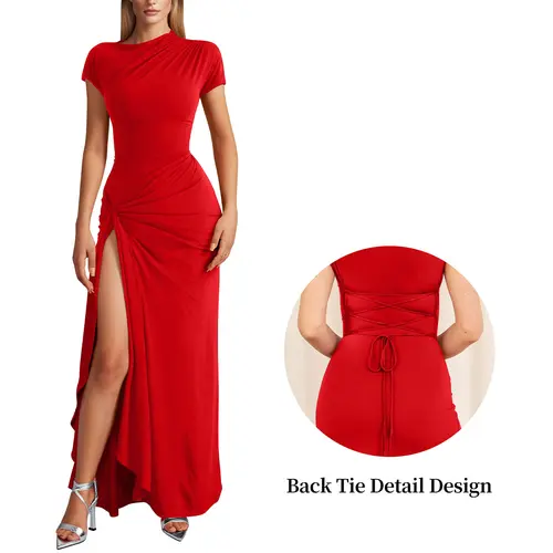 OYS Women's Casual Short Sleeve Boat Neck Ruched High Split Bodycon Long Party Dress