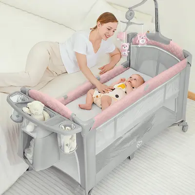 Baby Bassinet & Bedside Sleeper, Portable Baby Crib for Newborns and Infants, Foldable Playard with Mattress, Diaper Changer, Music Mobile for Nursery,back to school,sohochic
