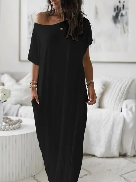 Women's Solid Color Batwing Sleeve Lounge Dress, Casual Comfy Short Sleeve Nightdress for Daily Wear, Ladies Sleepwear for All Seasons