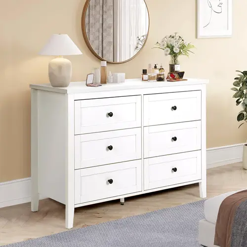 VOWNER 6 Drawer Dresser for Bedroom with Metal Knobs, Mid-Century Dresser Wood Chest Organizer with Wide Storage, for Bedroom, Living Room, White
