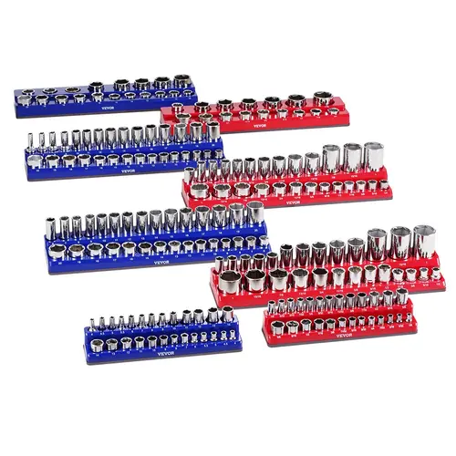 【toolupgrade】VEVOR Magnetic Socket Organizer Set, Multi-Size Reinforced ABS Trays, Blue & Red Metric/SAE Trays, Magnetic Base, Garage Storage, Built to Last