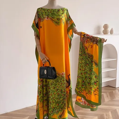 Women's Peacock Print Cape Shawl & Scarf Set, Elegant Beach Cover-Up For Holiday Vacation, Swimsuit Cover Up