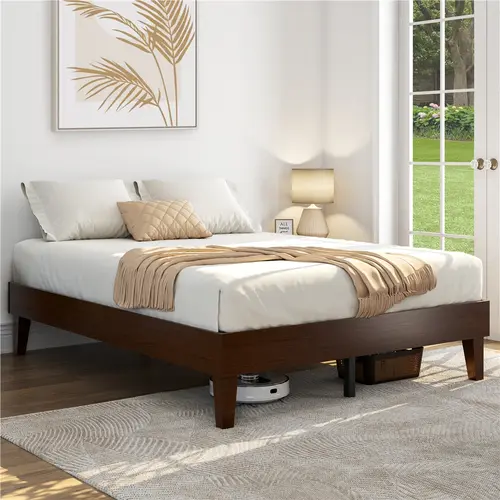 Yaheetech Wood-Metal Platform Bed Frame, Queen/Full Size Bed Frame with Sturdy Slat Support, No Headboard, Underbed Storage Space, No Box Spring Needed, Easy Assembly, Wood Platform Bed