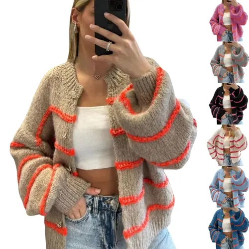 Yeokou Women's Oversized Striped Knit Cardigan - Long Lantern Sleeves, Button-Down Crew Neck, Drop Shoulder, Colorblock, Contrast Binding, Preppy Casual Chic Basics, Plus Size Clothes, Nylon Tops, Loose Baggy Fit,sohochic