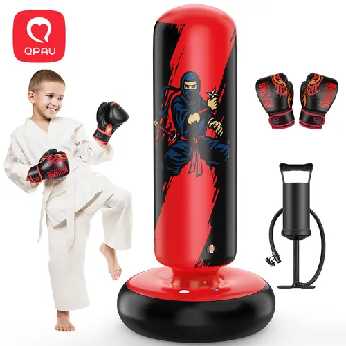 QPAU Kids Boxing Bag with Gloves 66-Inch Stabilized Inflatable Boxing Set for Boys Girls Ages 5-12 Karate Kickboxing MMA Sports Equipment Training Durability Rebound, tiktokshopbacktoschooll, Halloween sohochic