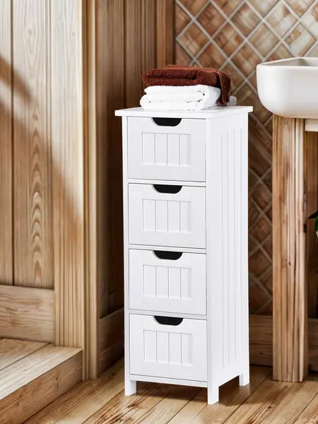Segawe 4-Drawer Slim Bathroom Storage Cabinet - Narrow Freestanding Furniture, Water-Resistant P2 MDF Wood Tower, Bathroom Decor Organizer for Small Spaces Beside Toilet, Bath Storage Solutions