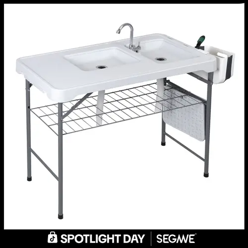 Segawe All-in-1 Multipurpose Outdoor Prep Station - Lightweight Outdoor Table, Portable Foldable PE & Steel Table with Folding Legs, Dual Sinks, Faucet, Grid Rack, 660lb Capacity, Fish Cleaning, BBQ/Camping Essential Patio Furniture (42.6in), Portable Fol