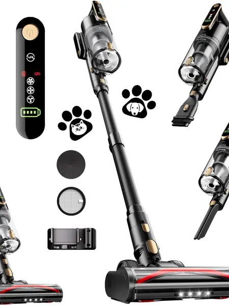 【2026 New Arrivals】Trucozie T553 Cordless Vacuum Cleaner for Home, 60Kpa Powerful Suction Pet Hair Vacuum with Anti-Tangle Brush Roll, 8-in-1 Self-Standing Rechargeable Stick Vacuum, 70min Runtime, Green LED Light for Hard Floor & Carpet