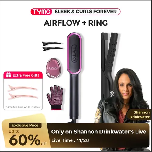 【Sleek & Curls Forever】 TYMO AIRFLOW + RING Holiday Gift Set Curling Iron & Hair Straightener Brush 2-in-1 Styler for Smooth Frizz-Free Results toolupgrade