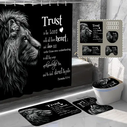 4Pcs Lion Shower Curtain Set, Bathroom Decor Set with Motivational Text, Waterproof Shower Curtain, Bath Mat, U-shaped Mat, Toilet Seat Mat Lord Faith