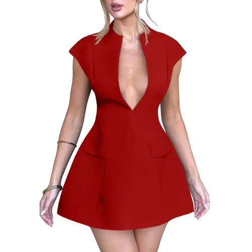 OYS Women's Sexy Deep V Neck Cap Sleeve A-line Mini Club Party Dress