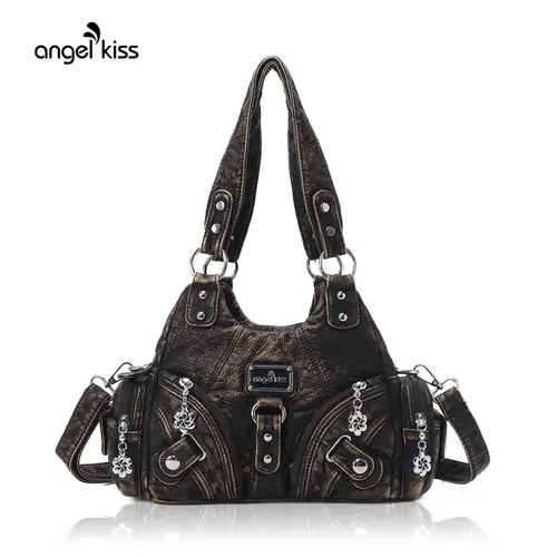 Angel Kiss Women's Stylish Small Crossbody Purse (11.4"x4.4"x7") - Leather-Textured Vegan Leather Multi-Pocket Zipper Tote, Casual Trendy Purse, Adjustable Double Handle Crossbody & Shoulder Bags for Women, Backtoschoolshopping Accessory, Trendy Versatile