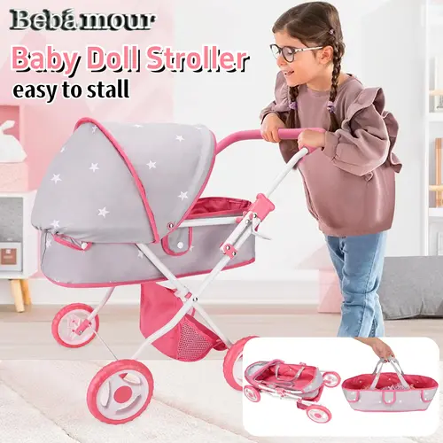 BEBAMOUR Pink Foldable Portable Doll Stroller Miniature Set for Toddler Girls, 18" Doll Compatible, with Removable Bassinet, Adjustable Canopy