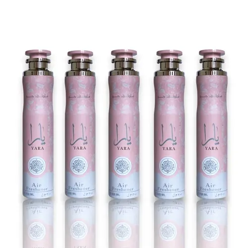 Lattafa Yara Scented Aerosol Spray Air Freshener, 5-Pack Household Bundle, 300 ML Per Bottle, Floral-Fruity-Woody Aroma Home Fragrance for Women's Fragrance Needs