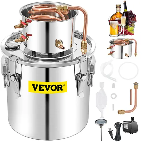 【Back to School】VEVOR 13.2 Gal Stainless Steel Wine Distiller Kit, Stove/Firewood Heat, Rapid Copper Cool Tube, Circulating Pump, Built-In Thermometer, Tight Seal, Dual Temp Display for DIY Whiskey Making, 50L, Circulating Water Pump