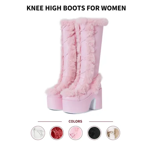 VIMISAOI Women Knee High Boots Faux Fur Plush Round Toe Chunky Block Heel Side Zipper Lace Up Warm Chic Elegant Glam Y2K Style Casual Outings Party Wedding Night Club Concert Festival Dress Shoes Comfy Furry Fluffy Fall Fashionable Platform Boots
